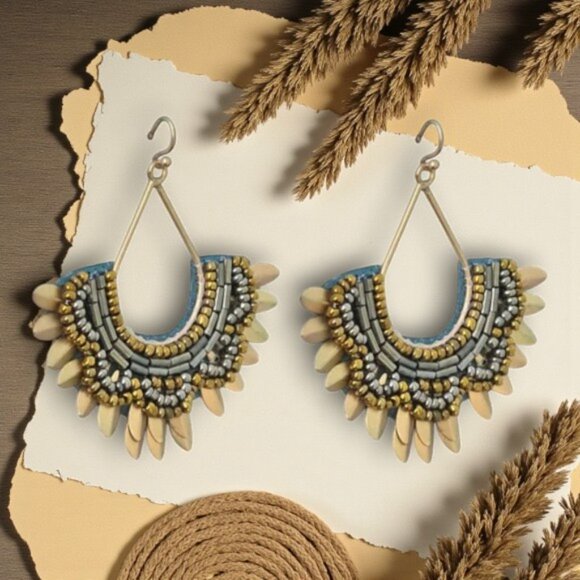 🆕 Indian Artisan Beaded Fan Drop Earrings Gold Brass Boho Festival Statement - Picture 11 of 13